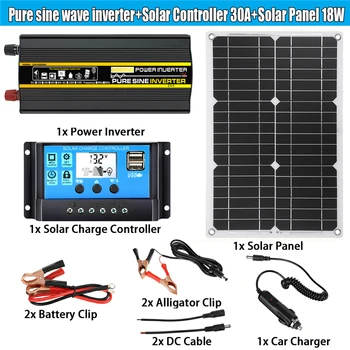 12V para 220V Sistema de Painel Solar 18V 18W Painel Solar+30A Controlador de Carga +Senoidal Pura Inversor Kit Completo de Geração de Energia, Kit de