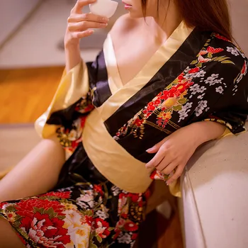 Sexy Profundo decote em V Quimono de Cetim com estampa Floral e de Dormir Curto Roupão de Banho Tradicional da Marca Mulheres quimono Japonês tradicional