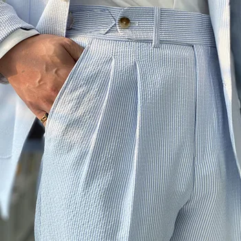 Primavera Seersucker Cintura Alta Reta Calças Britânico Pequena Burguesia Faixa Azul Italiano Casual Calças Dos Homens Pantalones Hombre