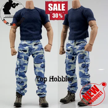 Em Estoque 1/6 Escala de Soldado Masculino Azul T-shirt de manga Curta, Calças de Camuflagem Modelo Marinha Terno de Roupas para 12Inch Figuras de Ação do Brinquedo