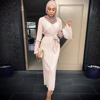 Siskakia Moda Sólido Plissado Lápis Vestido longo Árabes do Oriente Médio turco Abaya Vestidos Finos, sem Forro