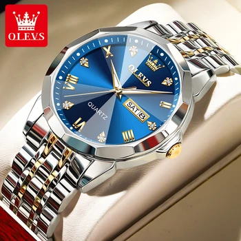 OLEVS 9931 de Novos Negócios Relógio de Quartzo para Homens Dupla Calendário de Luxo Diamond Dial Impermeável Cinta de Aço Inoxidável dos Homens relógio de Pulso