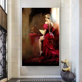 Beleza Sexy Vestido Vermelho a Mulher Vista de Trás da Lona da Pintura Moderna Pôsteres e Impressões de Arte de Parede Fotos de Decoração de Sala de estar Cuadros