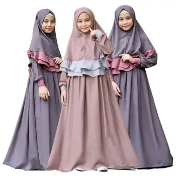 2PCS Árabe Meninas de Manga Longa Vestido Maxi Hijab Conjunto de Crianças Muçulmanas Oração Abaya Jilbab Partido Islâmico, Vestido de Roupas de Terno Oriente Médio