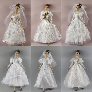 Vestido de Noiva branco, Véu e Buquê de Flores, vestido de noite e de vestuário, roupa de 30cm de barbie FR Xinyi boneca, 1/6 roupas de boneca