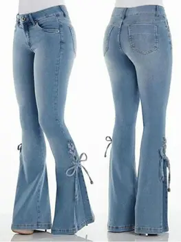A Moda Cintura Alta Jeans De Mulheres Arco Boot Cut Casual Senhora Laço Calças Cowgirl Vintage, Blue Bell Bottom Jeans Calças Y2k