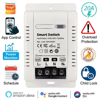 Tuya 20A Smart Switch Disjuntor de Controle de APLICATIVO Monitor de Energia de Proteção de Sobrecarga Funciona com Alexa Inicial do Google ao Siri