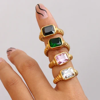 2022 Luxo Colorido AAA Zircão de Alta Qualidade Toques para Mulheres 18K Ouro Chapeado Retangular Zircão Faixa Anéis de Dedo de Jóias