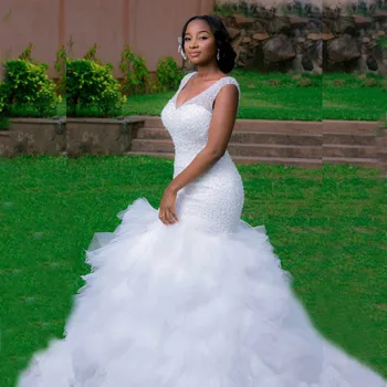 Luxo Africano Sereia Vestidos De Noiva 2021 Beading Decote Em V Vestidos De Noiva Personalizados Feitos Mulheres Negras Meninas De Vestido De Vestidos De Noiva