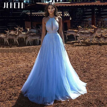 JEHETH Céu Azul Halter Lantejoulas Tule Princesa Vestido de Baile Elegante Glitter sem encosto Vestidos de Festa à Noite vestidos de festa 2022