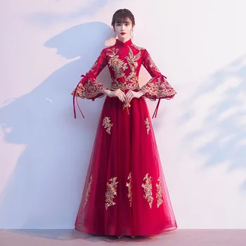 Borgonha Apliques De Noiva, Festa De Casamento Cheongsam Saia Elegante Longo De Malha, Vestidos De Noite Em Doces Flare Manga Vestido Chinês