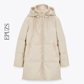 Inverno com Capuz casaco Acolchoado de PU casaco de mulheres Falso jaqueta de couro feminina solta zíper do casaco casual quentes, longos casacos 2021