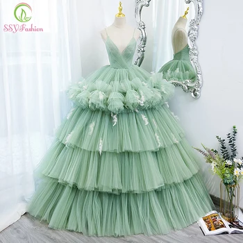 SSYFashion Verde Novo Vestido de Baile para as Mulheres de Sonho, Princesa decote em V Uma linha de Camadas de Bolo Vestido de Noite Vestidos para Ocasiões Especiais