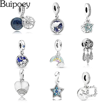 Buipoey 2pcs Brilhante Lua Azul & Estrela Encantos Contas Pingente de Ajuste Marcas de Pulseiras, Colares Mulheres Jóias Originais Acessórios
