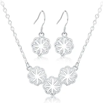 Nova prata 925 Cor Prata, conjuntos de Jóias para as mulheres belas Flores colar brincos de moda festa de casamento, presentes de jóias de noiva