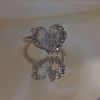 Irregular-de-Rosa Coração de Cristal de Anéis para as Mulheres Azul Opala Coração Quebrantado Abrir o Anel de Brilhante cor-de-Rosa Zircão Amor dois Anéis de Y2K Jewely
