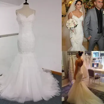 Plus Size Árabe Aso Ebi Sereia Vestido De Casamento De Luxo Cintas De Espaguete Apliques Brilhantes Real Imagem De Vestidos De Noiva