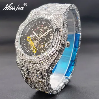 Os Relógios Mecânicos Para Homens Luxo Gelado Fora Diamante Brilhante AutomaticWatches Masculinos De Alta Qualidade Esqueleto Relógios De Pulso Dropshipping