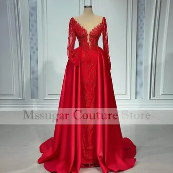 2022 Elegante Vermelho Sereia Vestidos De Baile Beading Longsleeves Vestidos De Noite Feito Festa Formal Vestidos De
