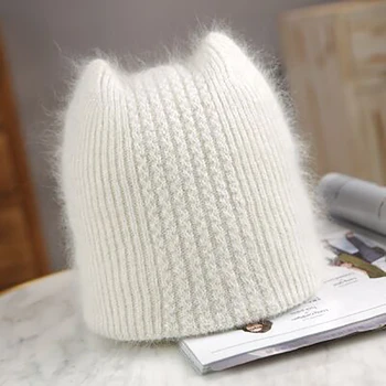 Quente coelho cabelo de lã Beanies chapéu bonito orelhas de gato chapéu de malha de mulheres de outono e inverno proteção de orelha quente chapéu de malha