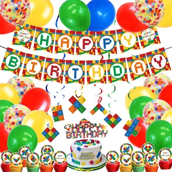 Colorido Temáticos Blocos De Construção De Festas Feliz Aniversário, Decorações, Incluindo Bolo Topper Bandeira De Látex Balões Decoração Presente