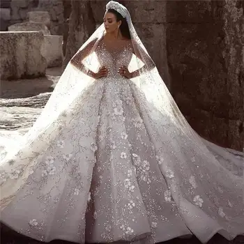 Vestidos De Noiva 2020 árabe Luxo Frisada Lace Vestido de Noiva de Manga Longa em 3D Floral de Casamento Vestidos de Noiva robe de mariee
