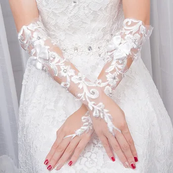 Branco de Noiva, Luvas de Longa Duração Opera Comprimento sem dedos de Luvas de Casamento com Cristais e Miçangas