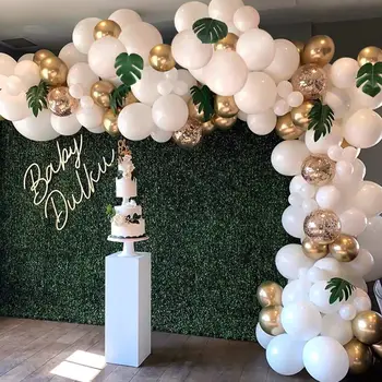 98pcs Branco E Ouro Balão Arco Kit Para Festa de Aniversário, Decoração de Casamento, Com Folhas Verde-Branco Arche Bola de Garland