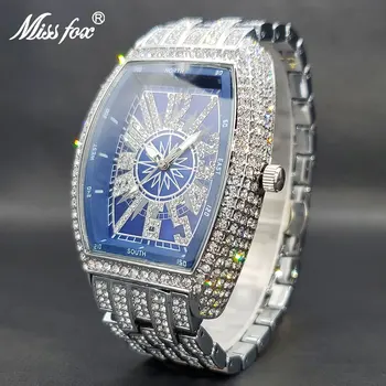 Gelado de Fora Para Ver os Homens de Pulso Grande Cheia do Diamante Relógios de Quartzo Homens 55mm Face Azul Hip Hop Acessórios Impermeável Reloj Hombre