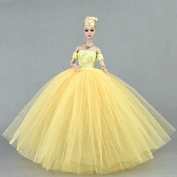 NK 1 Conjunto de Amarelo Laço de Roupa de Casamento Vestido para a Boneca Barbie Vestidos Longos para 1/6 Boneca Princesa Festa à Noite Veste Roupas