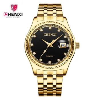 CHENXI Relógio de Ouro Homens da Moda de pedra de Strass de relógio de Pulso de Luxo, Ouro, Aço, Alça de Retro Homem Vestido de Negócio Relógio de Presente heren horloge