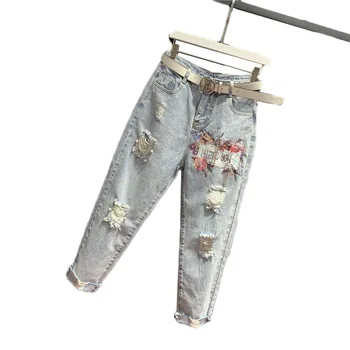 Beading Buraco calças de Brim das Mulheres do Harém Calças Fêmea Solta Cintura Alta Pesado Trabalho Deading de Lantejoulas Jeans 2020 Primavera de Jeans, Calças Y363