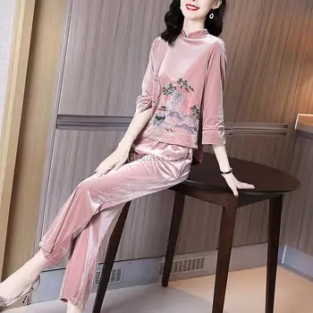 2023 novo chinês de estilo retro, de duas peças, a metade superior da manga impresso veludo grande perna de calça elegante diário chinês definido para as mulheres g619