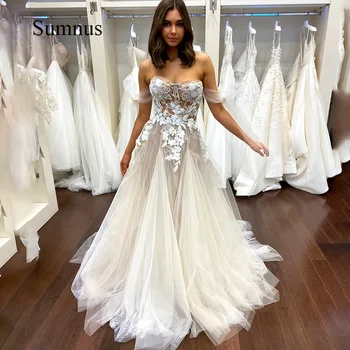 Sumnus Boho Vestidos de Noiva 2023 feito à mão Apliques Arco Querida Vestido de Noiva Fora do Ombro Ilusão de Tule Vestidos de Casamento