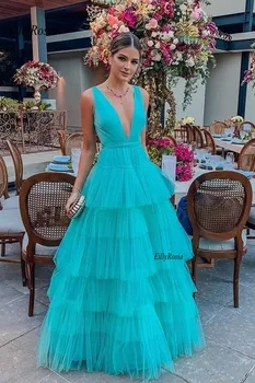 Azul-turquesa, Longos Vestidos de Noite 2020 Profundo decote em V Tule Camadas do Pavimento Comprimento Puffy Mulheres Jantar para a Noite Vestidos de Festa Chique