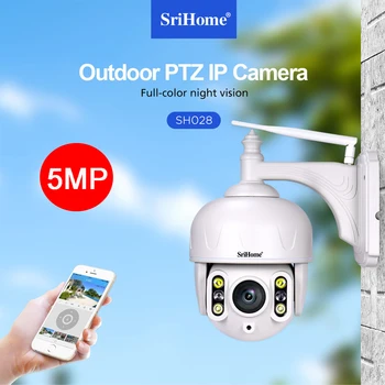 Srihome SH028 5MP Exterior Impermeável da Câmera do IP de Wifi 360° P2P de Áudio de 2 Vias Holofotes de Visão de Cores de Vigilância sem Fio do CCTV PTZ