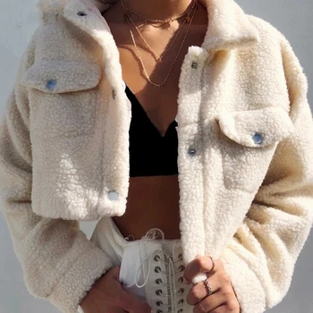 Lucyever Outono Inverno Curto de casacos e Jaquetas de Cor Sólida Manga Longa Roupas Casual Mulher Botão Ligar-Jaquetas Femininas
