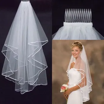 Casamento Simples de Tule Branco Marfim Duas Camadas de Véus de Noiva Fita de Borda de Baixo Noiva Acessórios 75cm Curto Mulheres Véu Com Pente