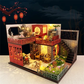 Diy Boneca de Madeira Kits de Casa em Miniatura, Com Mobiliário Chinês Villa de Estilo Loft, Casa Villa Casa de bonecas Brinquedos Para adultos Presentes Crianças
