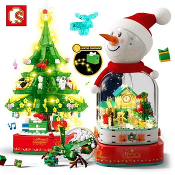 SEMBO Tema da Árvore de Natal de Giro Caixa de Música Blocos de Construção da Cidade de Amigos de Neve Casa de Tijolos de Brinquedos de Papai Noel Para as Crianças o Natal