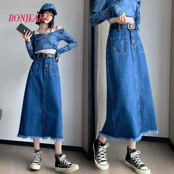 6XL Plus Size Longa Saia do Denim das Mulheres Maxi Alta da Cintura de Uma Linha de Jeans 2021 Verão Fashion Estilo coreano Senhoras Elegantes Roupas