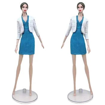 1/6 BJD Boneca de Roupas de Moda Casaco Branco Azul Vestido Para a Barbie Acessórios Jaqueta de Gola V de Roupa de Crianças De 11,5
