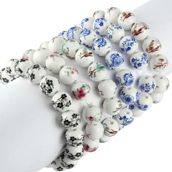 Elegante Estilo Chinês de Cerâmica Grânulos de Cor Azul e a Branca da Porcelana do Padrão Floral Pulseiras para Encantos das Mulheres de Jóias