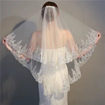 A Moda Casamento Do Laço Acessórios De Noiva Curto Véu De Duas Camadas De Brilho De Noiva, Véus Com Pente 2021