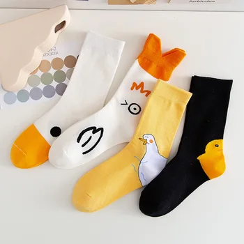 Pato animal print dos desenhos animados bonitos meias de mulher Harajuku Kawaii Feliz branco engraçado meias novas