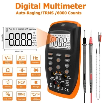 Multímetro Digital TRMS 6000 Contagens Voltímetro Amperímetro Ohmímetro para o AC DC Volts e Corrente, de Ohm,Capacitância,Temperatura,Hz e o Diodo Testador