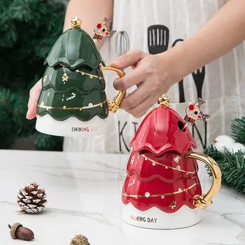 Árvore de natal Caneca com Tampa Colher de Leite Copo de Café de Cerâmica de Alta Temperatura Criativa para Crianças, Presente de Natal