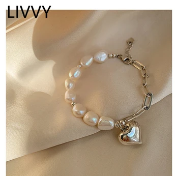 LIVVY Cor de Prata Imitação de Pérola Oval Cadeia de Splicing Bracelete Feminino do Amor do Coração de Moda Temperamento Jóias Presentes Atacado
