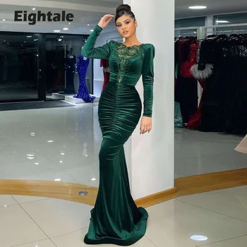 Eightale Vevet Vestidos De Noite O-Pescoço Apliques De Sereia De Baile Vestido De Mangas Compridas Verde Escuro Árabe De Dubai Vestido De Festa