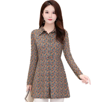 Novo Outono 2020 coreano de Vestuário de Moda as Mulheres Casual Solta Preguiçoso L-5xl Peplum Floral Impressão Bolsos Longa do Algodão T-Shirt 8143